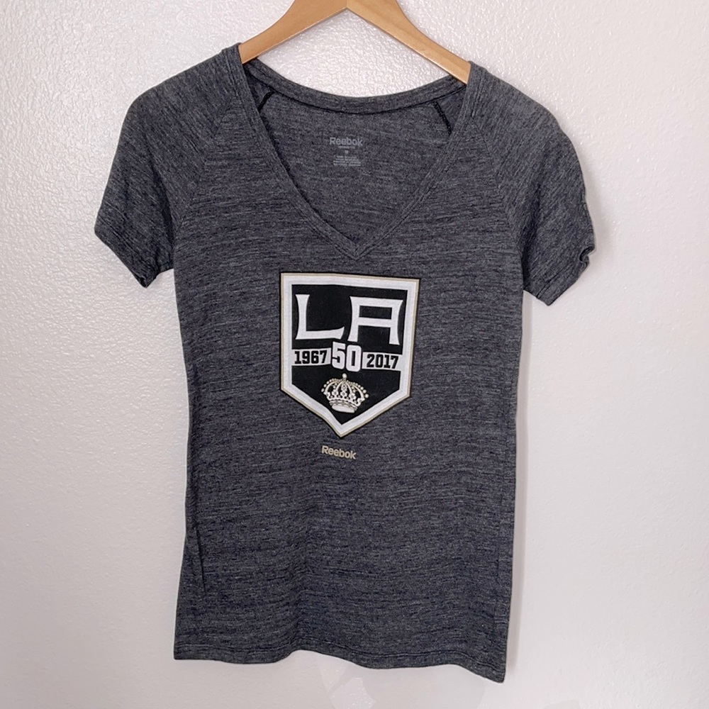 Reebok Women's Short Sleeve V-Neck Tee in Charcoal Gray with LA Crest